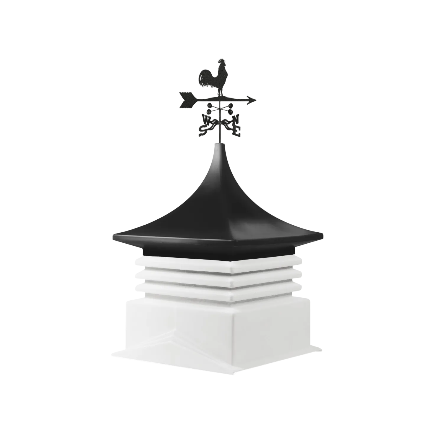Black-top white-base cupola with rooster weathervane
